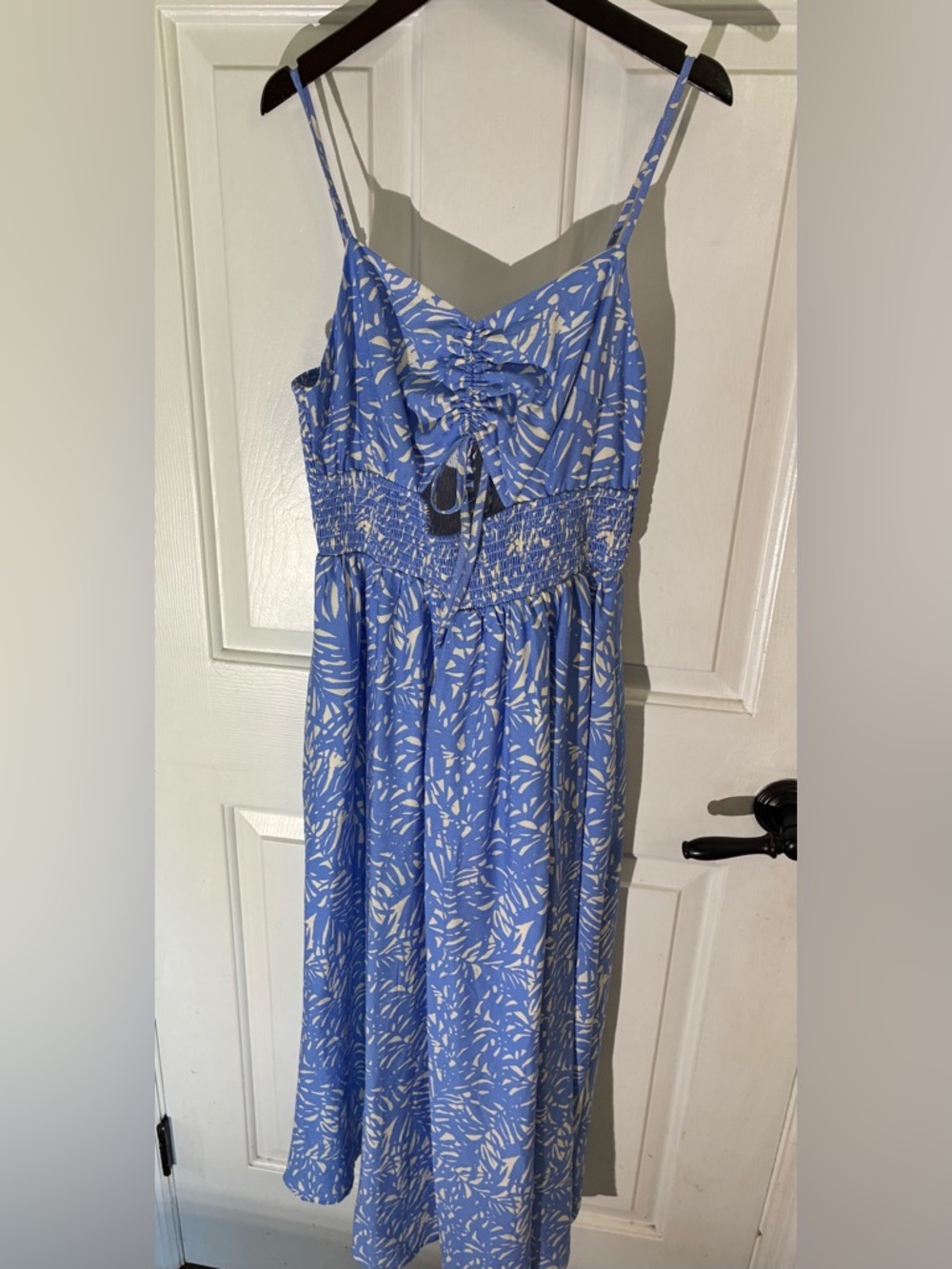 Blue Printed Midi Sundress with Tie Front Cotton / Linen blend